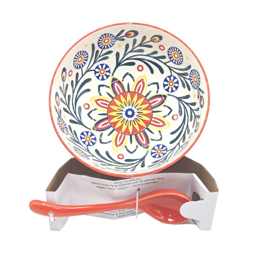 SH Home Sunny Floral Multicolor Ceramic Ramen Bowl 48oz  With‎ Spoon
